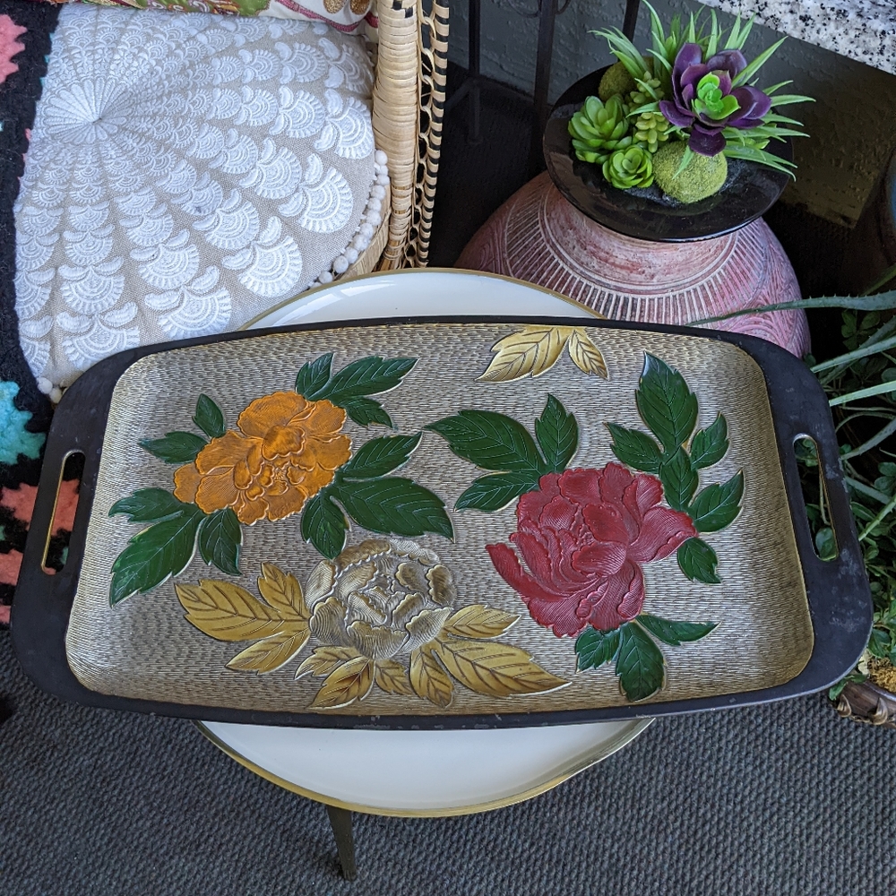 Vintage 70s Floral Bohemian Tray Hippie Eclectic Home Decor
